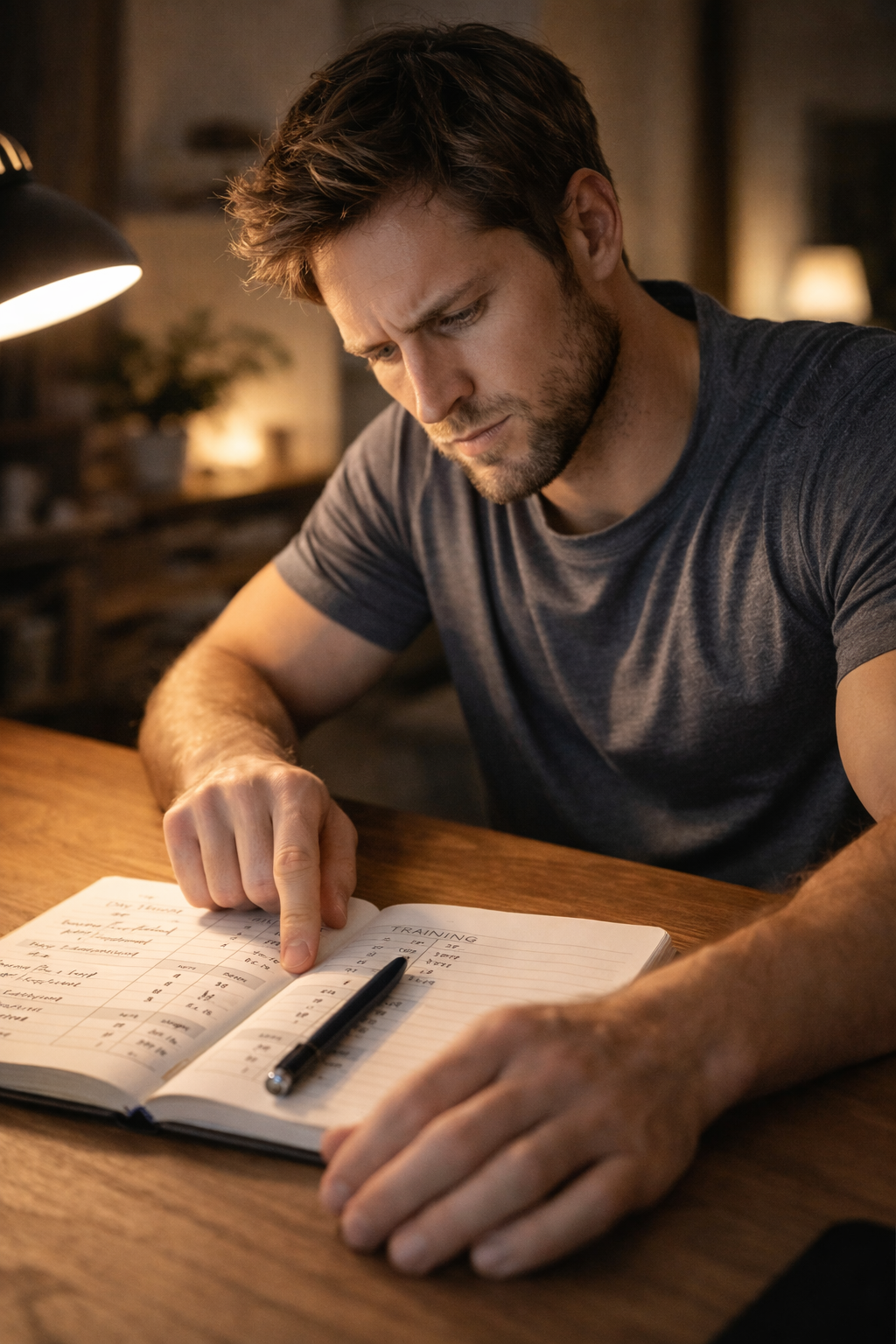 Man reviewing his unstructured training notes with no clear progress