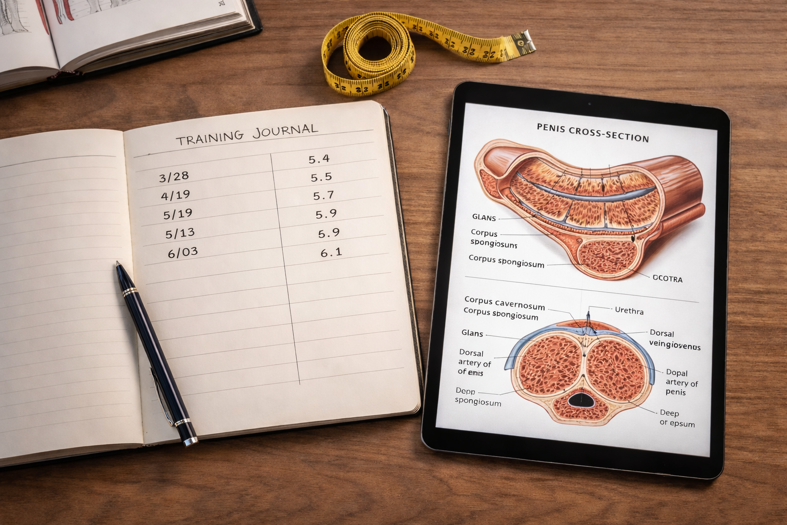 Structured jelqing training system with journal and measurement tools